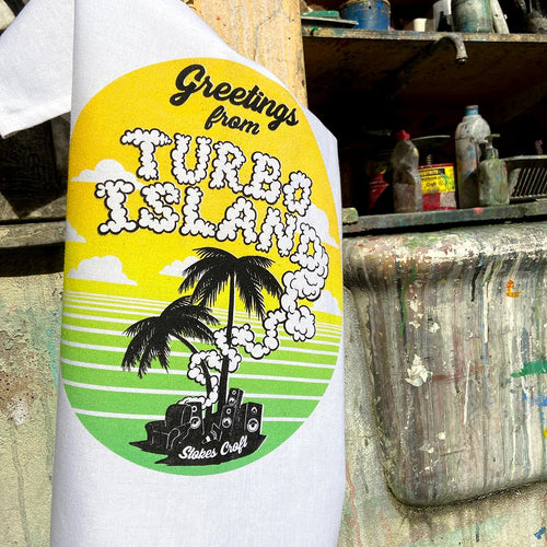 Greetings from Turbo Island Tea Towel